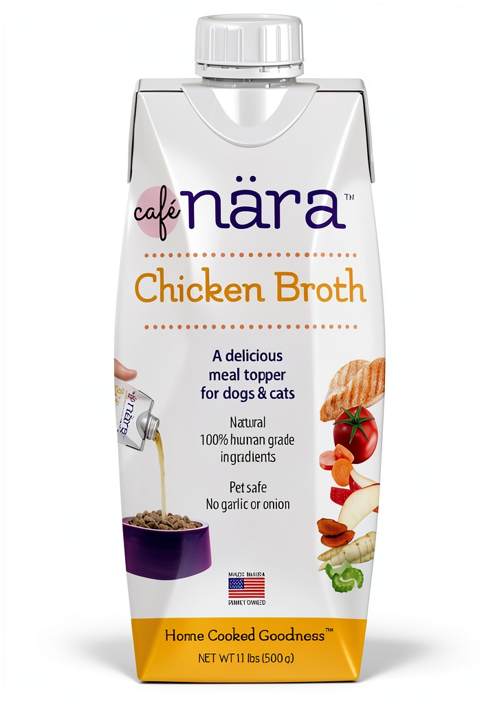 Cafe Nara Chicken Broth poured over dry pet food in a bowl