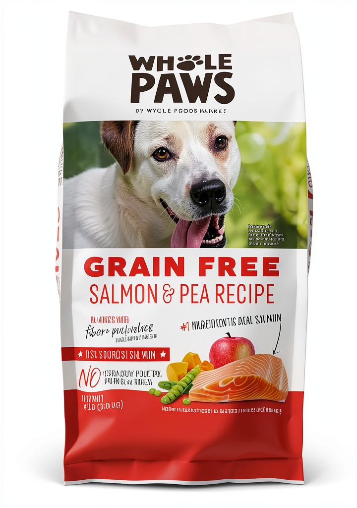 Whole Paws dog food toppings in various flavors displayed on a kitchen counter