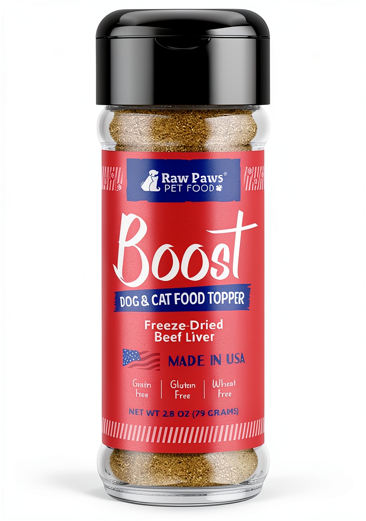 Raw Paws Pet Food Topper shaker bottle with beef liver powder