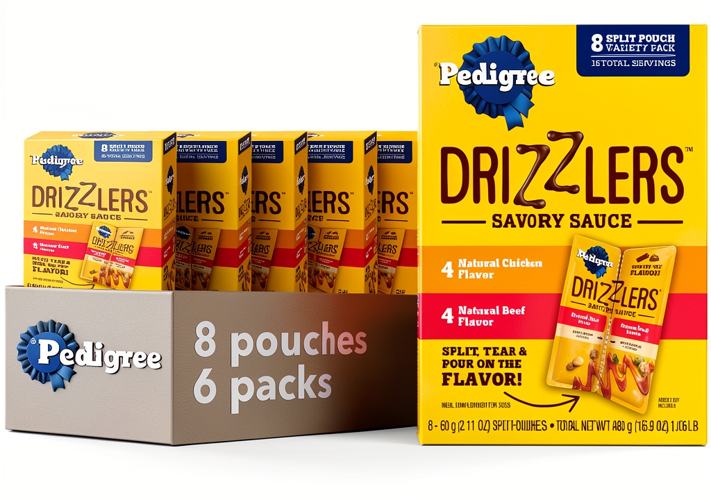 Pedigree Drizzlers dog food topper poured over dry kibble