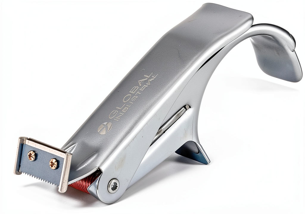 Global Industrial Silver Tape Dispenser on a packaging table