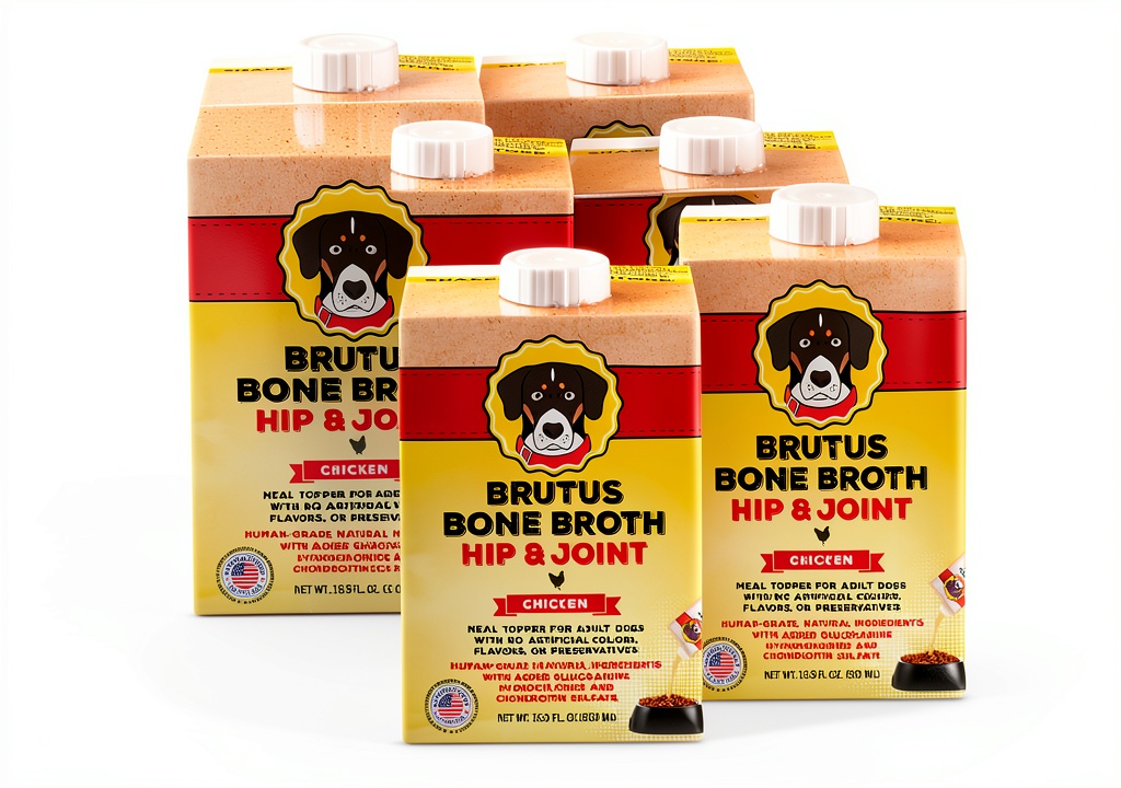 Pouring Brutus Bone Broth Dog Food Topper over a bowl of kibble on a kitchen counter