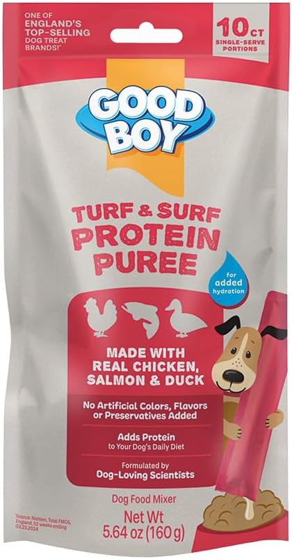 Good Boy Protein Puree being squeezed onto dog kibble