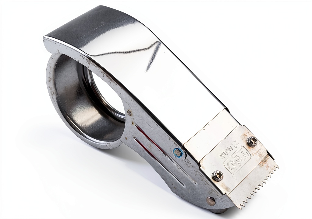 YIKANGHENG stainless steel tape dispenser being loaded with a 2‑inch packing tape roll on a wooden workbench