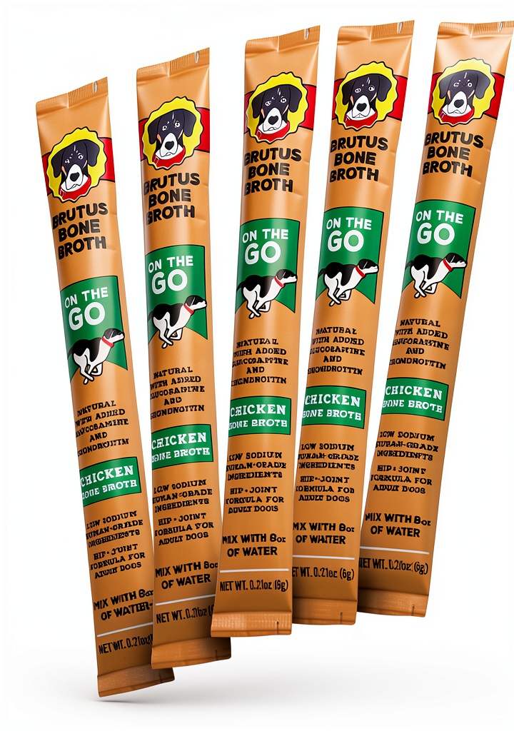 Brutus Broth powder being sprinkled on dog food