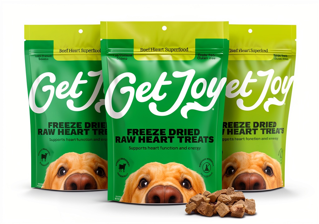 Freeze Dried Beef Heart Dog Treats Get Joy 4 Ounce Pack of 3 Superfood on a wooden kitchen counter