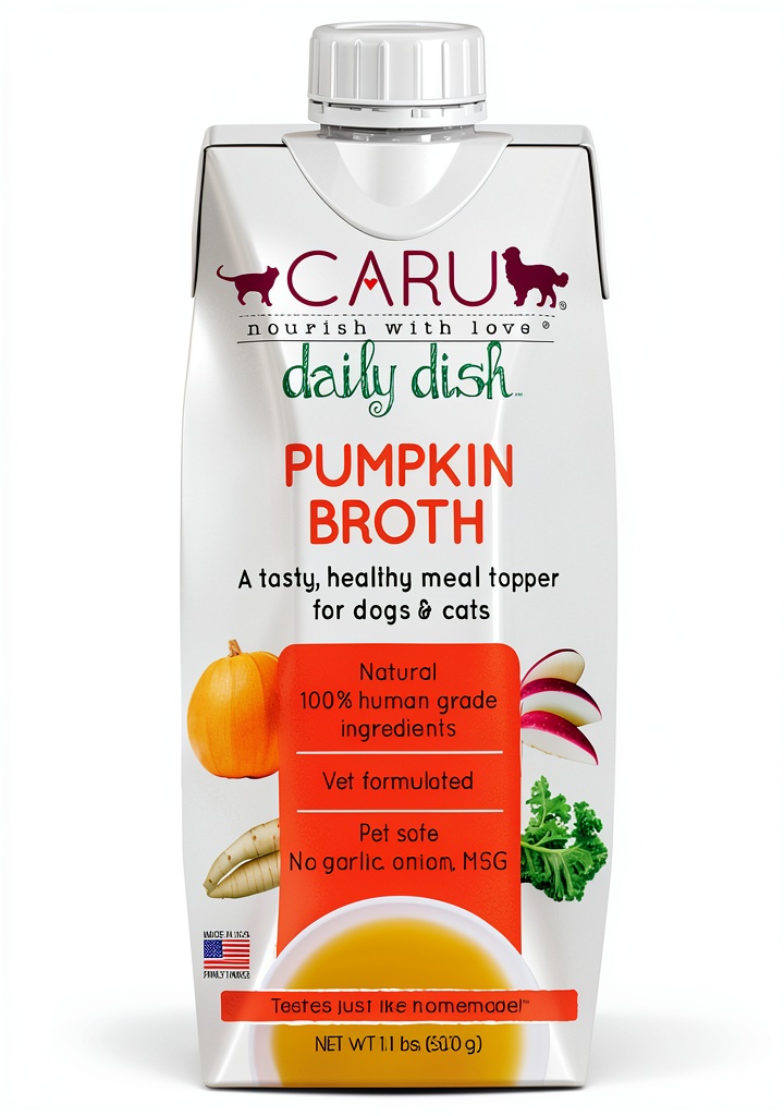 Installing Caru Daily Dish Pumpkin Broth Food Topping 17.6 Fl Oz Pack of 3 on a wooden kitchen counter