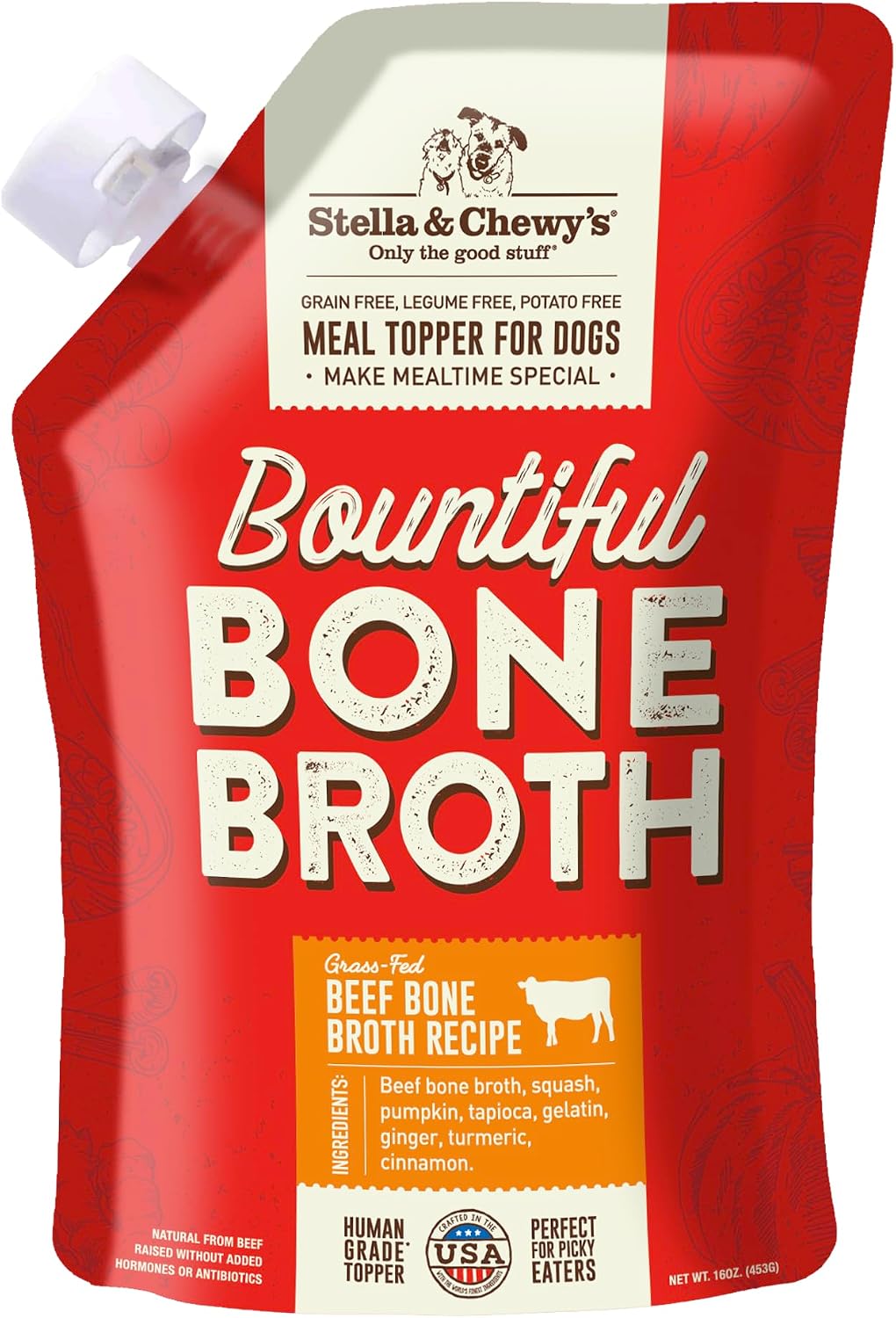 Stella & Chewy's Grass-Fed Beef Bone Broth 16oz pouch opened on a kitchen counter
